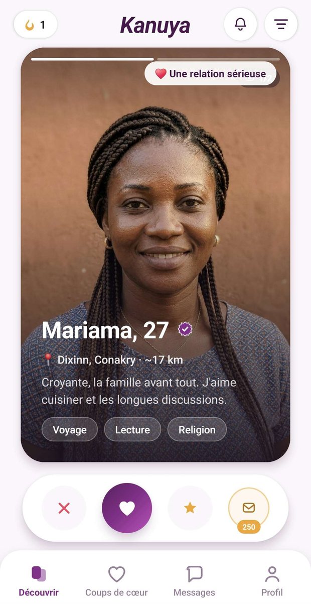 L'écran Découvrir de Kanuya : le profil de Mariama, 27 ans, à Dixinn, Conakry.