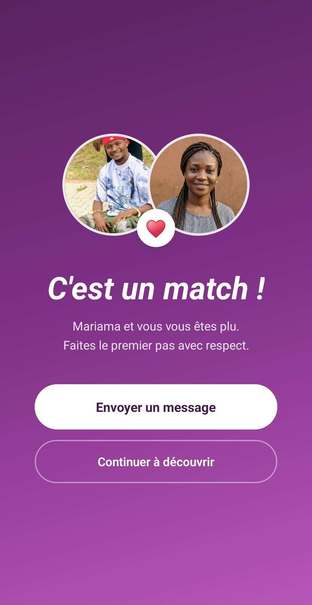 L'écran « C'est un match ! » : deux profils réunis, avec le bouton Envoyer un message.
